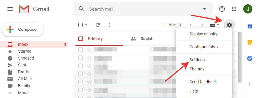 Gmail - 'Settings' button