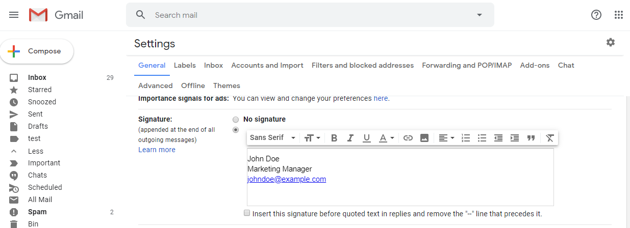 Gmail - signature settings