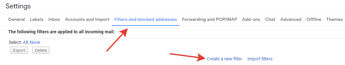 Gmail - 'Create a new filter' button