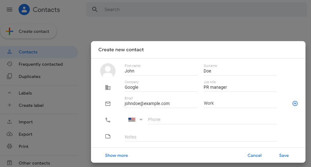 Gmail - 'Create new contact' menu