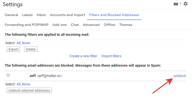 Gmail - 'unblock' button