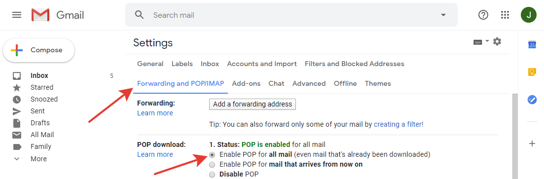 Gmail - forwarding and POP/IMAP settings