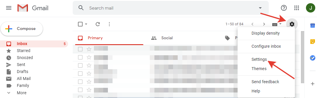Gmail - 'Settings' button