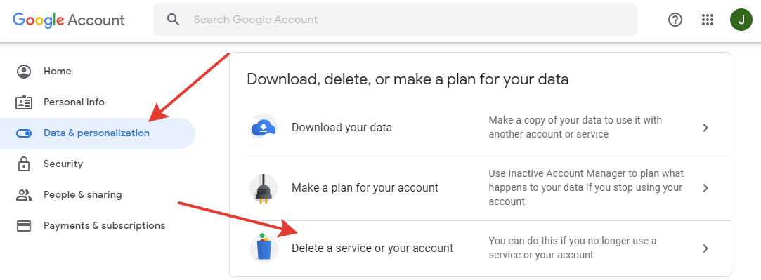 Google - 'Delete a service or your account' button