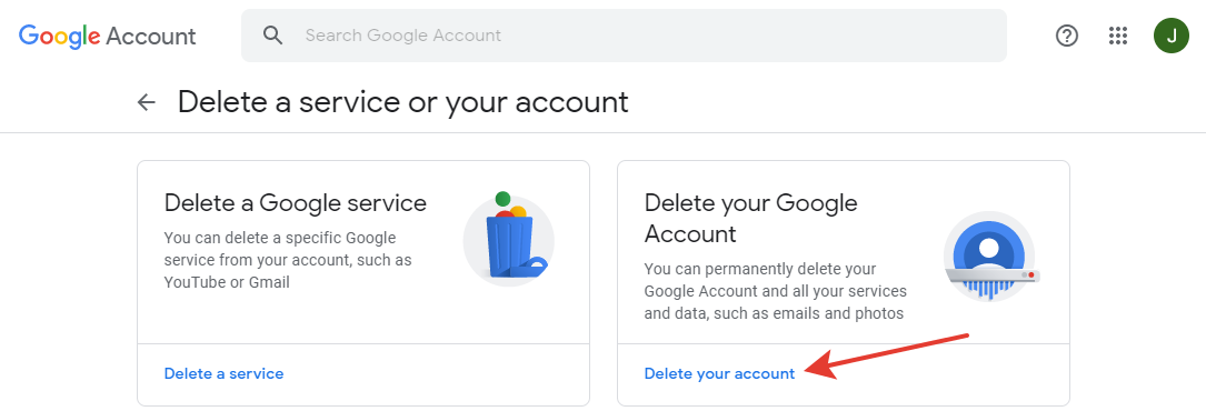 Google - delete account button