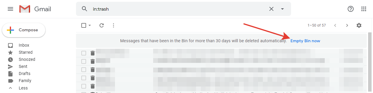 Gmail - Empty Bin Now button