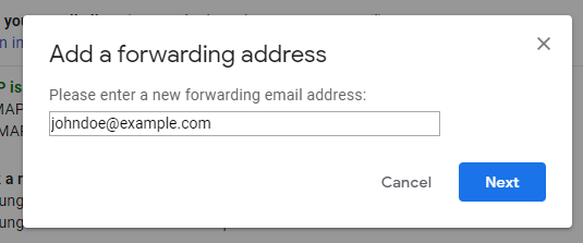 Gmail - adding a forwarding address dialog