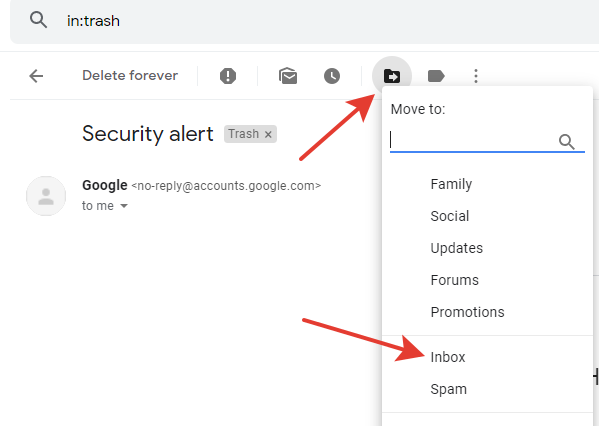 Gmail - Move email to Inbox button